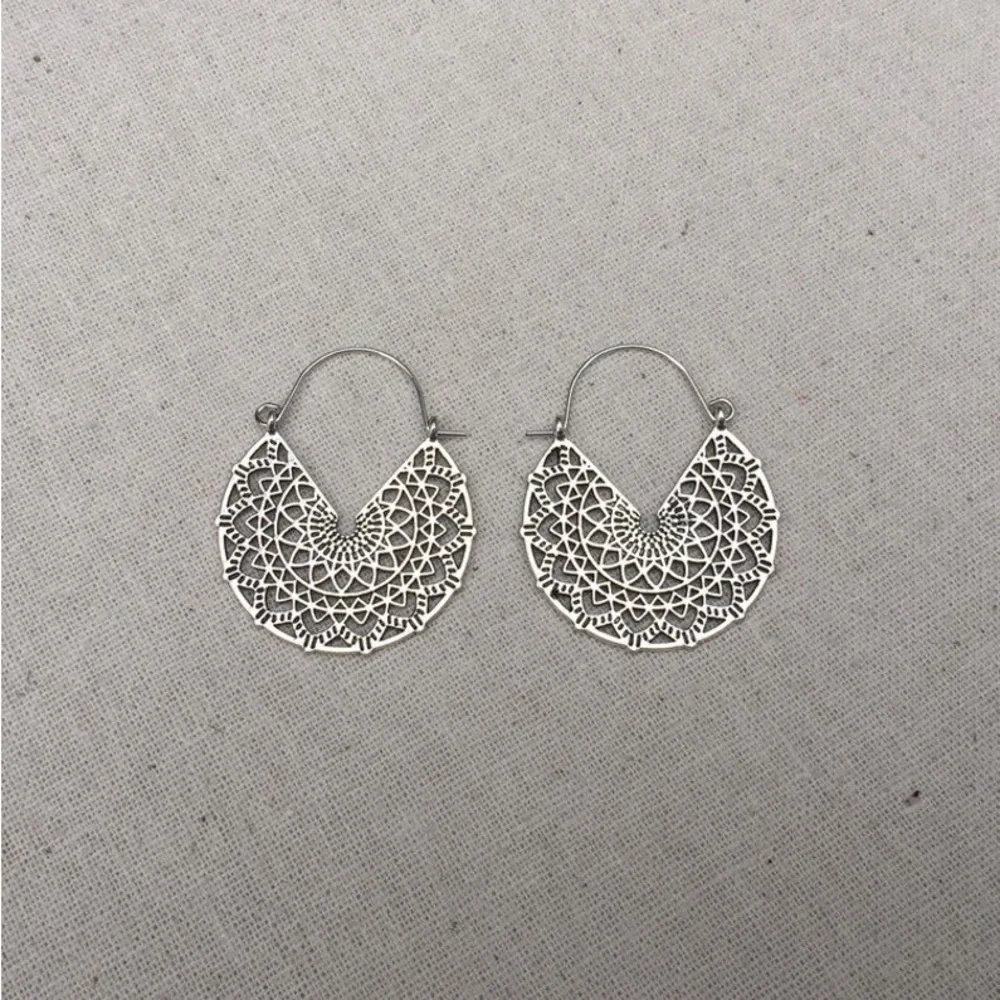 New Bohemian Mandala Minimalist Cut Out Hypoallergenic Silver Hoop Earrings